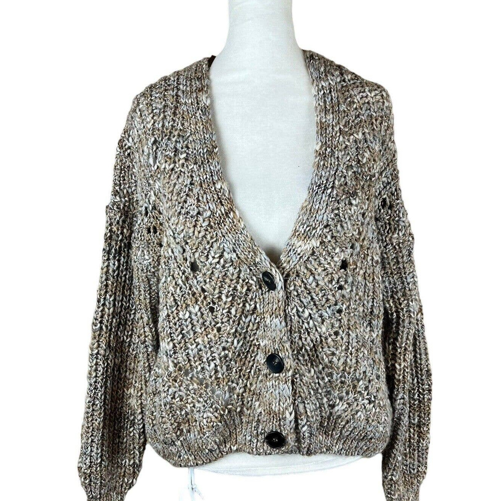 Elsamanda Women's Sz Small Brown Wool Open Knit 3 Button Cardigan Sweater